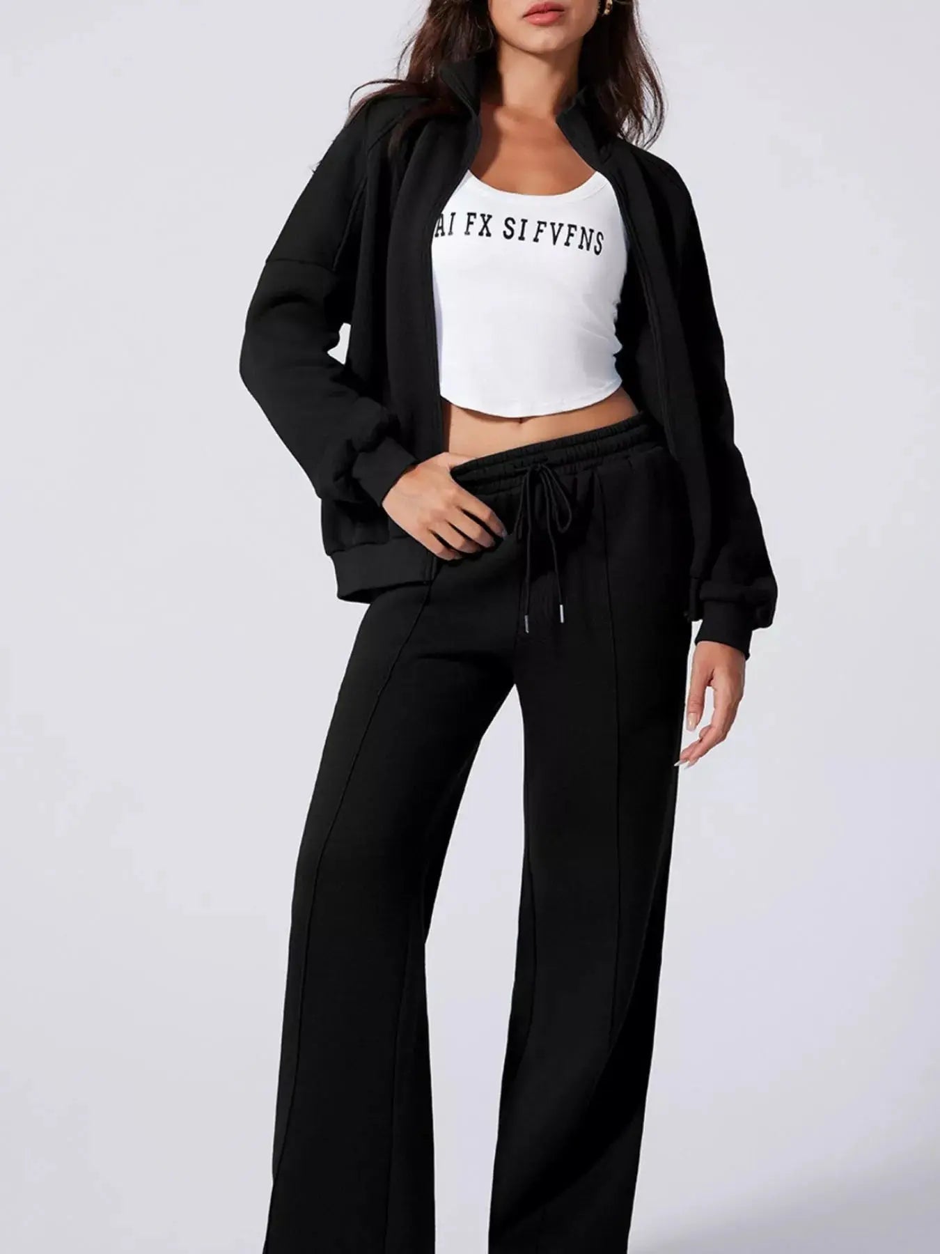 Drop Shoulder Zip Up Jacket and Drawstring Pants Active 2pcs Set - Charmdeals