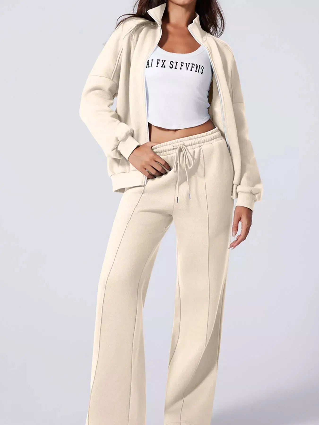 Drop Shoulder Zip Up Jacket and Drawstring Pants Active 2pcs Set - Charmdeals