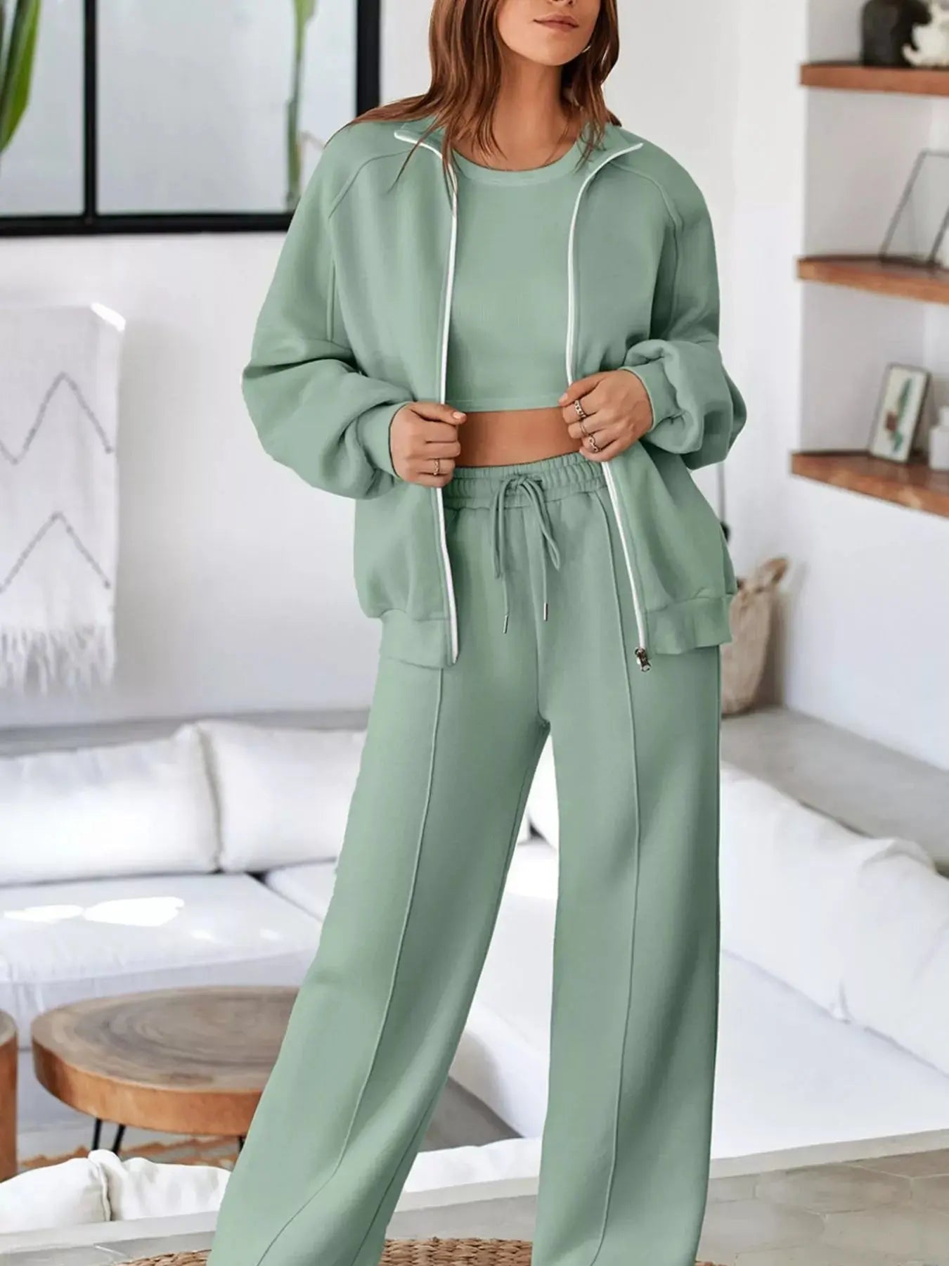Drop Shoulder Zip Up Jacket and Drawstring Pants Active 2pcs Set - Charmdeals