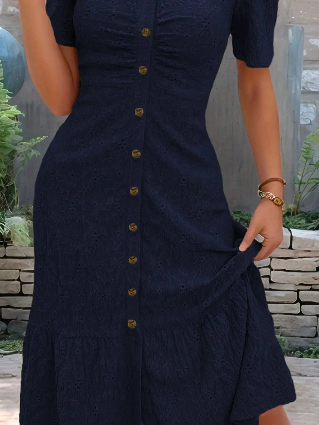 Eyelet Button Front V - Neck Midi Dress - Charmdeals