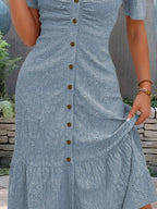Eyelet Button Front V - Neck Midi Dress - Charmdeals