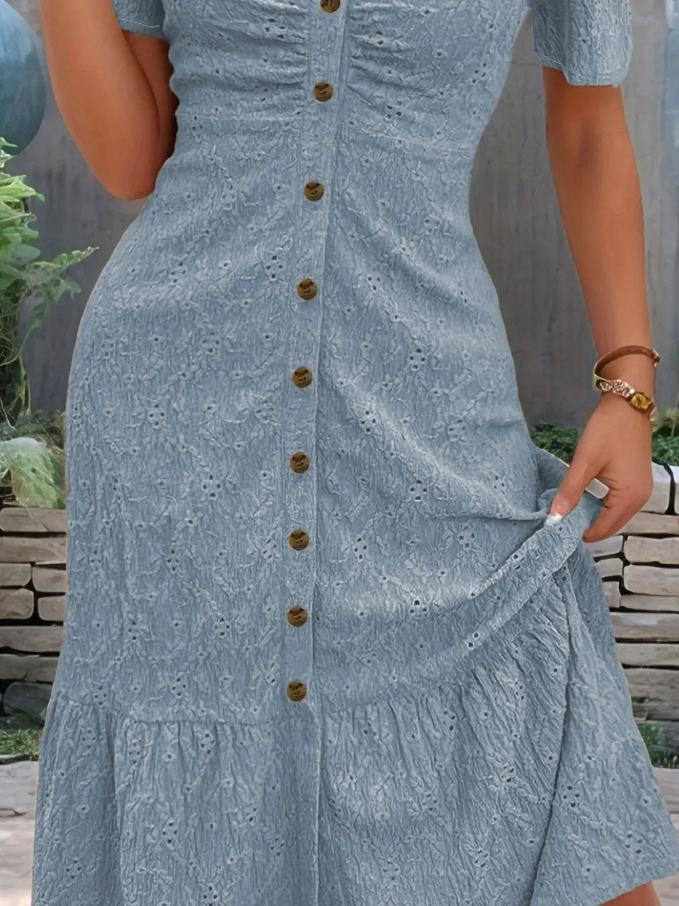 Eyelet Button Front V - Neck Midi Dress - Charmdeals