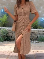 Eyelet Button Front V - Neck Midi Dress - Charmdeals