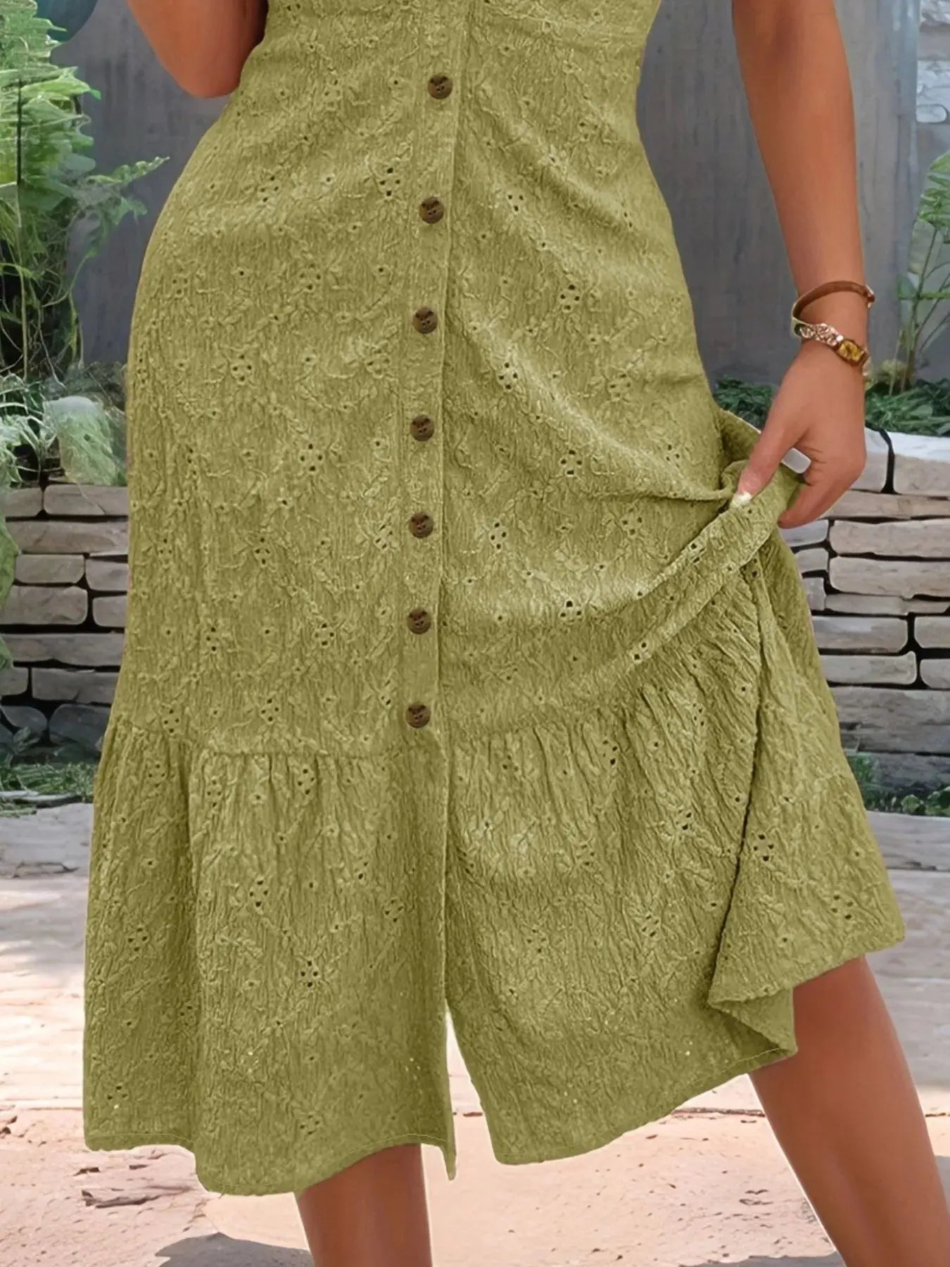 Eyelet Button Front V - Neck Midi Dress - Charmdeals