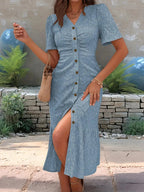 Eyelet Button Front V - Neck Midi Dress - Charmdeals