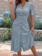Eyelet Button Front V - Neck Midi Dress - Charmdeals