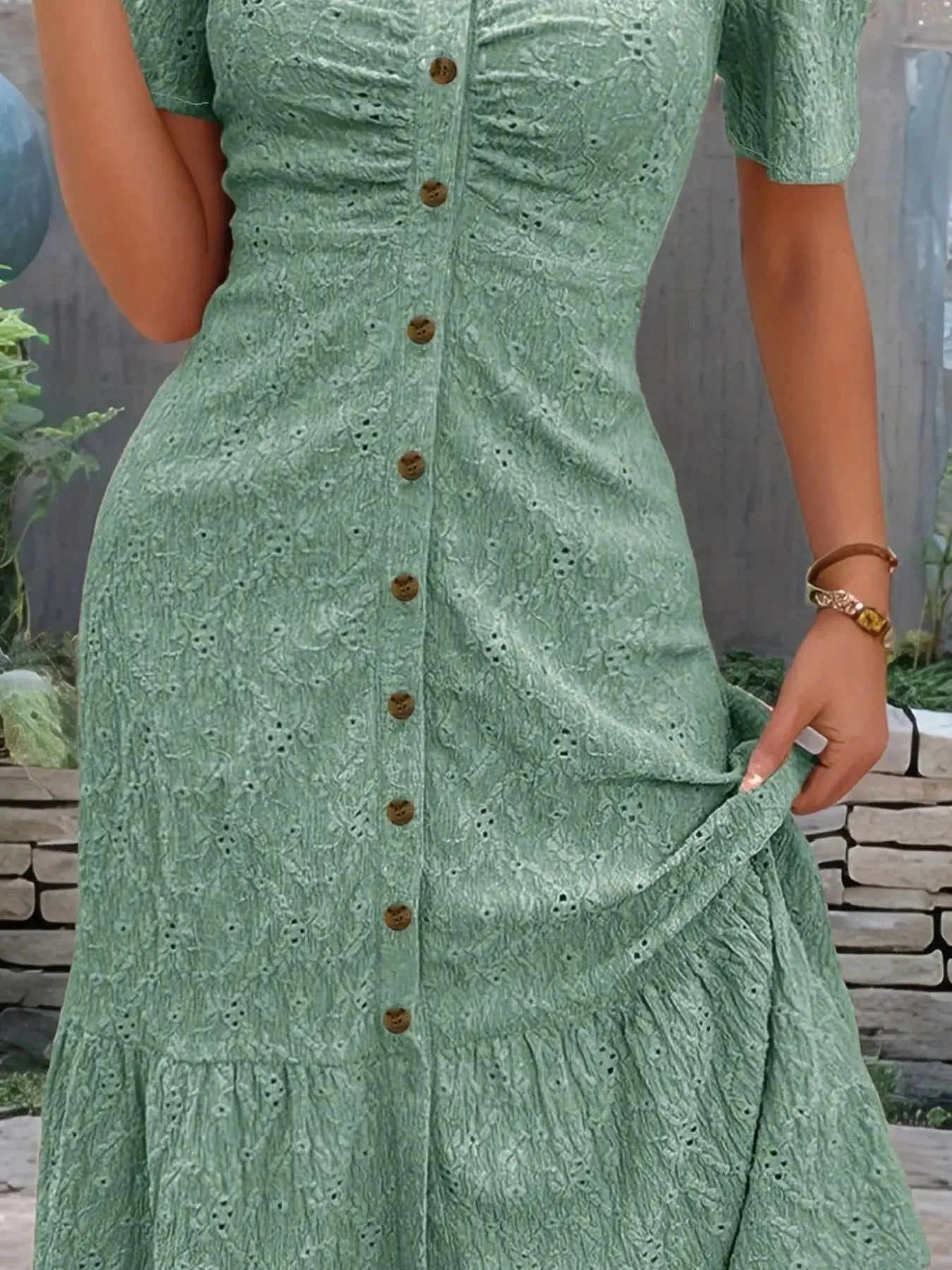 Eyelet Button Front V - Neck Midi Dress - Charmdeals