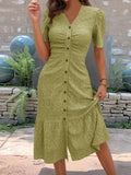 Eyelet Button Front V - Neck Midi Dress - Charmdeals