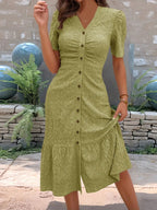 Eyelet Button Front V - Neck Midi Dress - Charmdeals