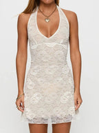 Floral Lace Halter Deep V - Neck Bodycon Dress - Charmdeals