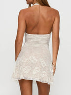 Floral Lace Halter Deep V - Neck Bodycon Dress - Charmdeals