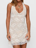 Floral Lace Halter Deep V - Neck Bodycon Dress - Charmdeals