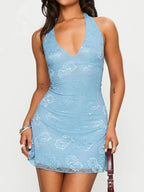 Floral Lace Halter Deep V - Neck Bodycon Dress - Charmdeals