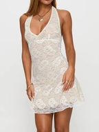 Floral Lace Halter Deep V - Neck Bodycon Dress - Charmdeals