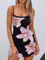 Floral Print Bodycon Cami Dress with Lace Trim - Charmdeals