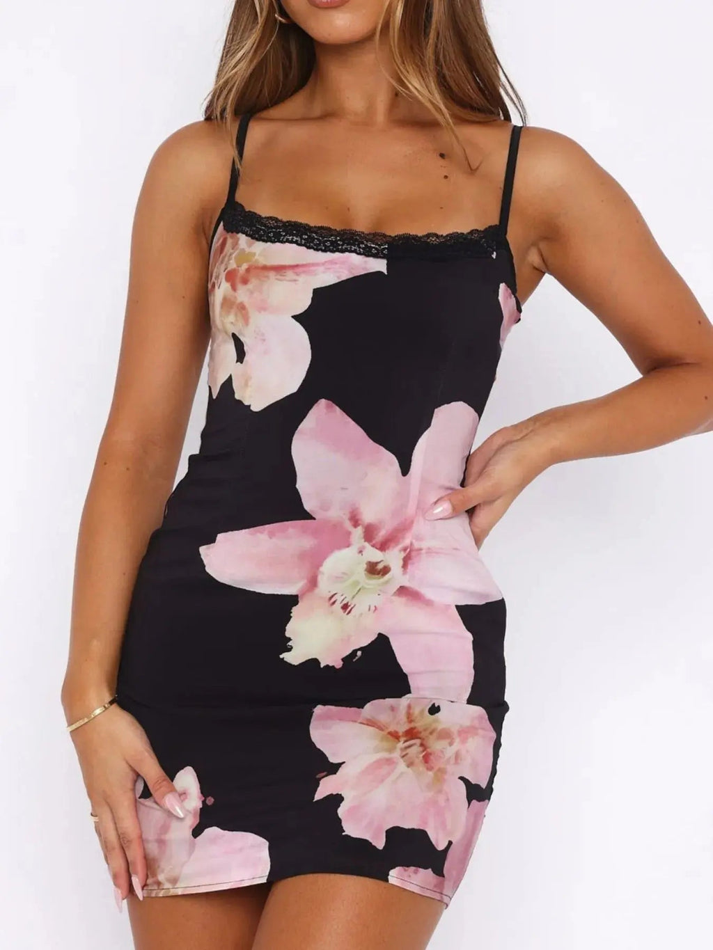 Floral Print Bodycon Cami Dress with Lace Trim - Charmdeals
