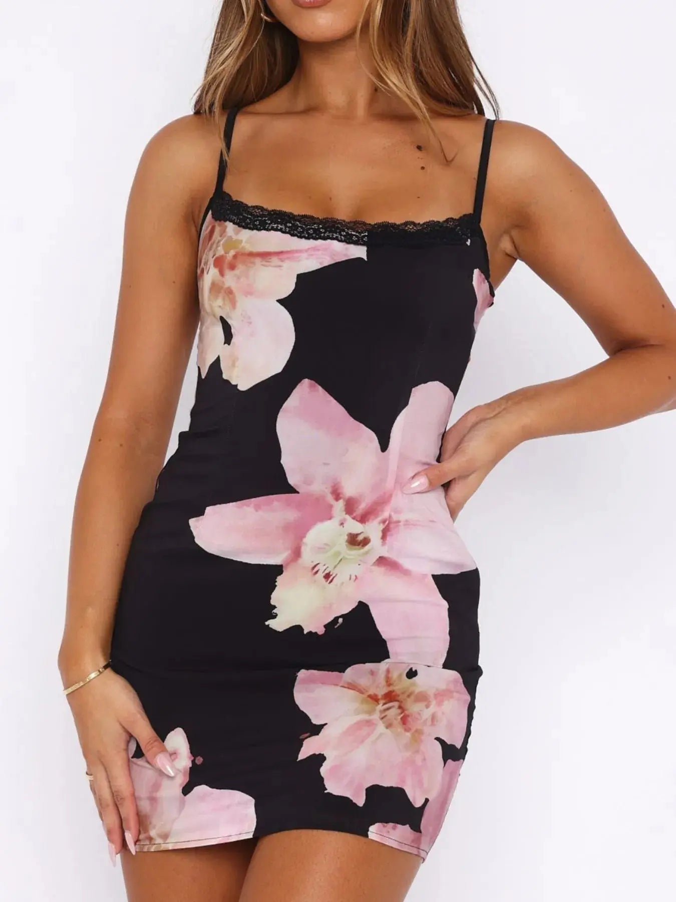 Floral Print Bodycon Cami Dress with Lace Trim - Charmdeals
