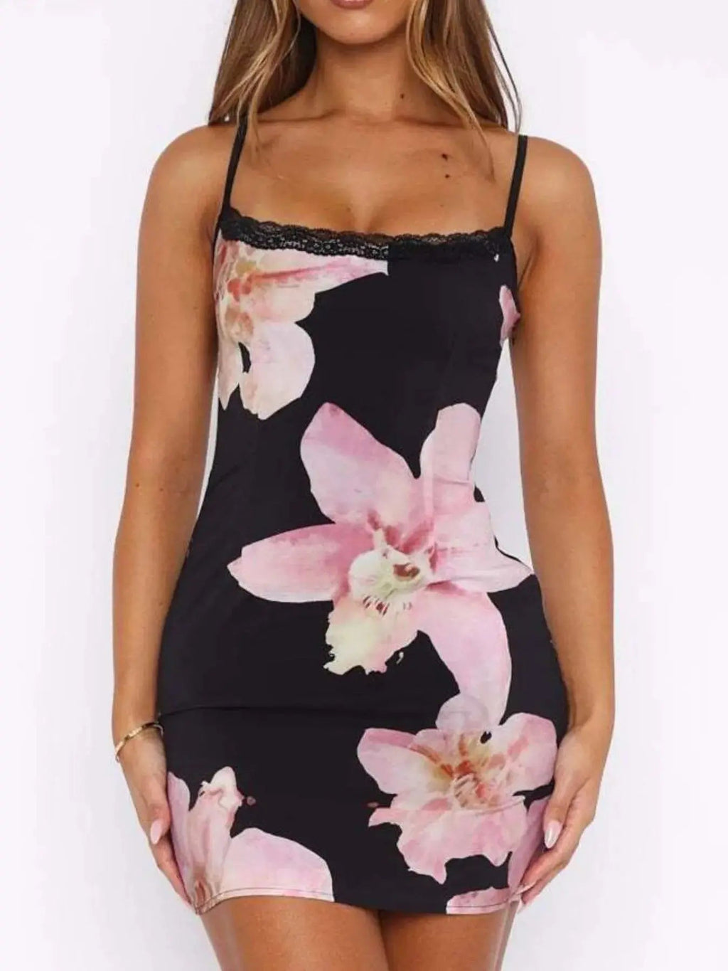 Floral Print Bodycon Cami Dress with Lace Trim - Charmdeals