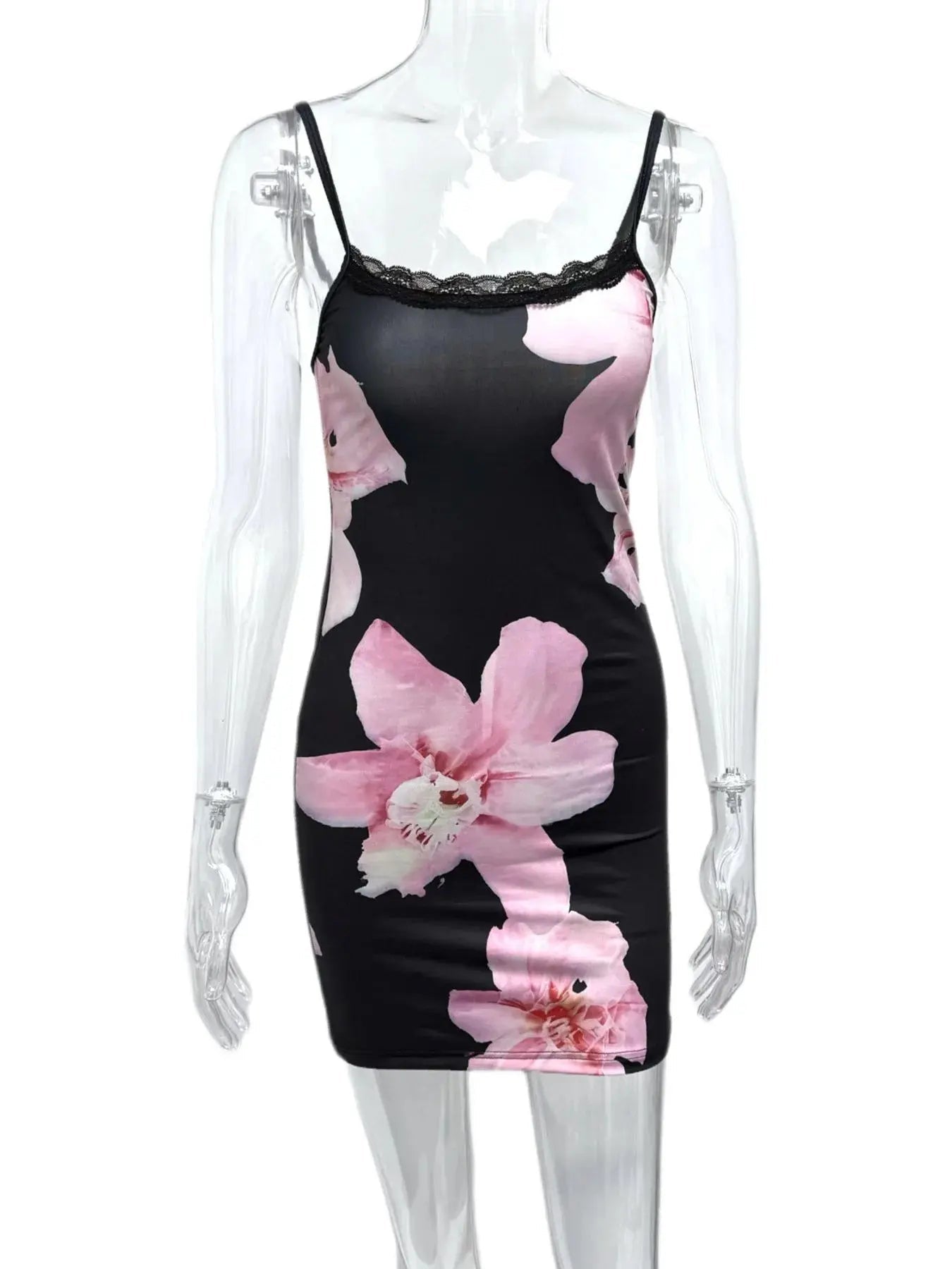 Floral Print Bodycon Cami Dress with Lace Trim - Charmdeals