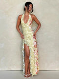 Floral Print Halter Neck Ruched Maxi Dress - Charmdeals