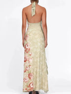 Floral Print Halter Neck Ruched Maxi Dress - Charmdeals