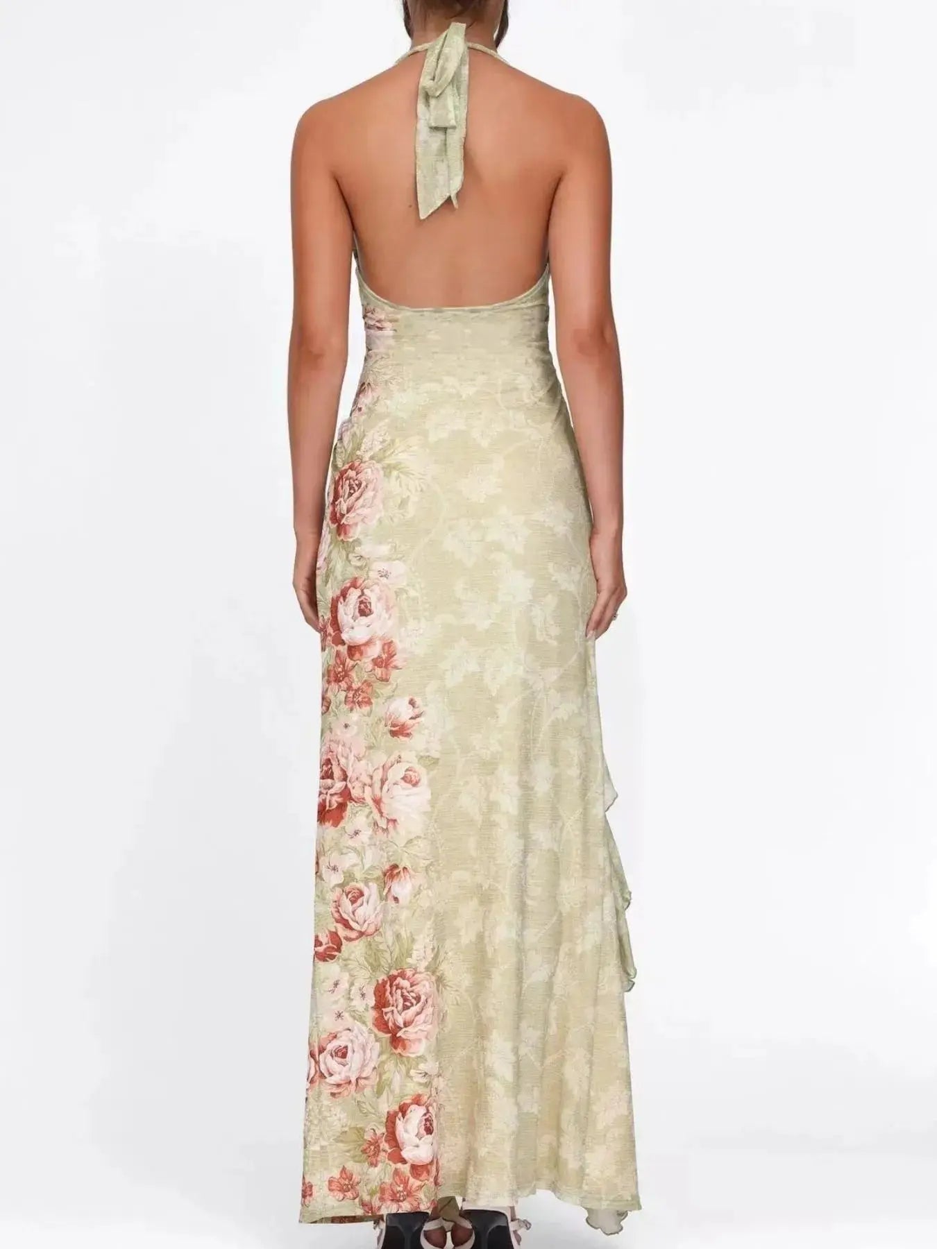 Floral Print Halter Neck Ruched Maxi Dress - Charmdeals