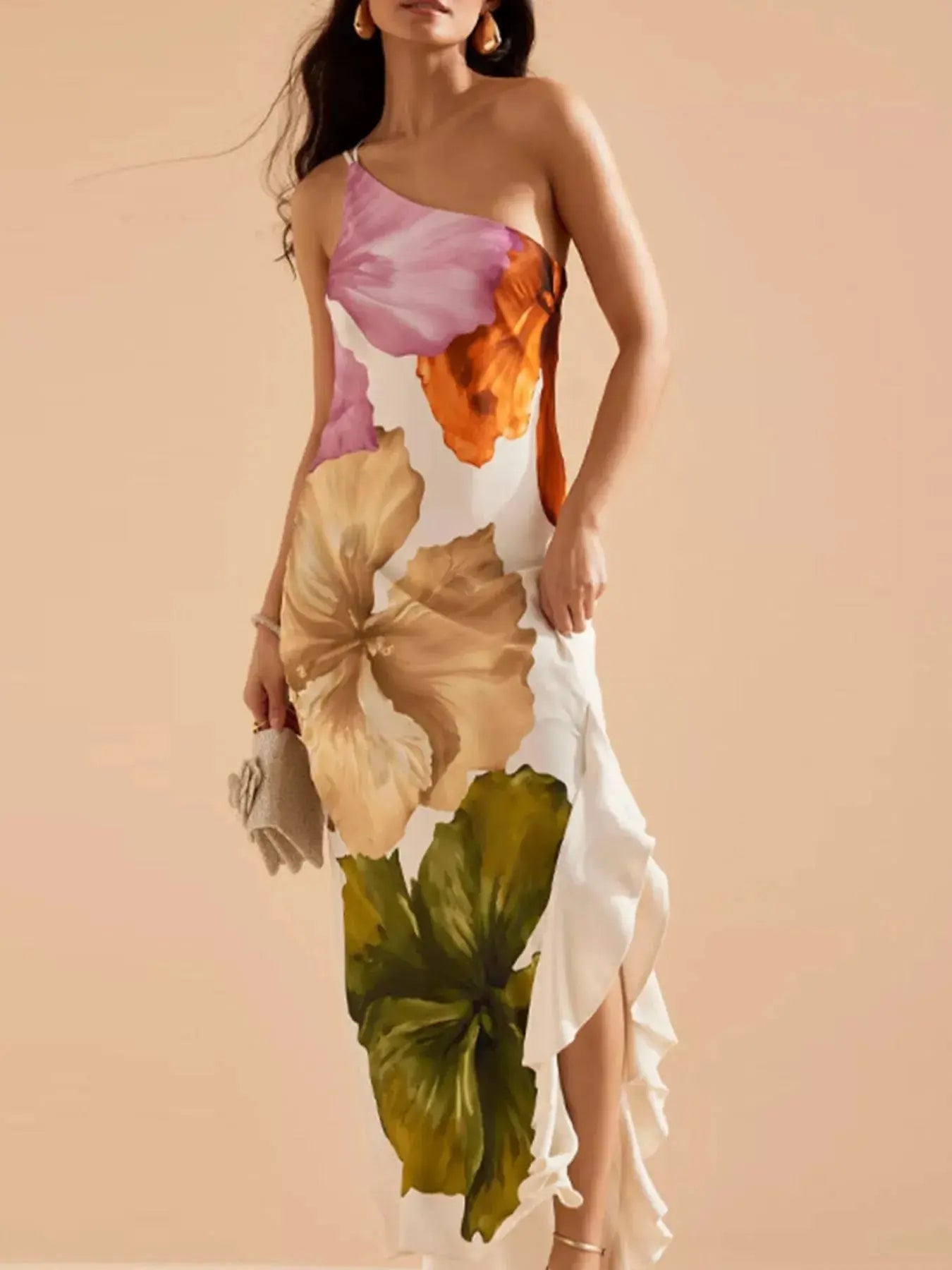 Floral Print Single Shoulder Maxi Dress - Charmdeals