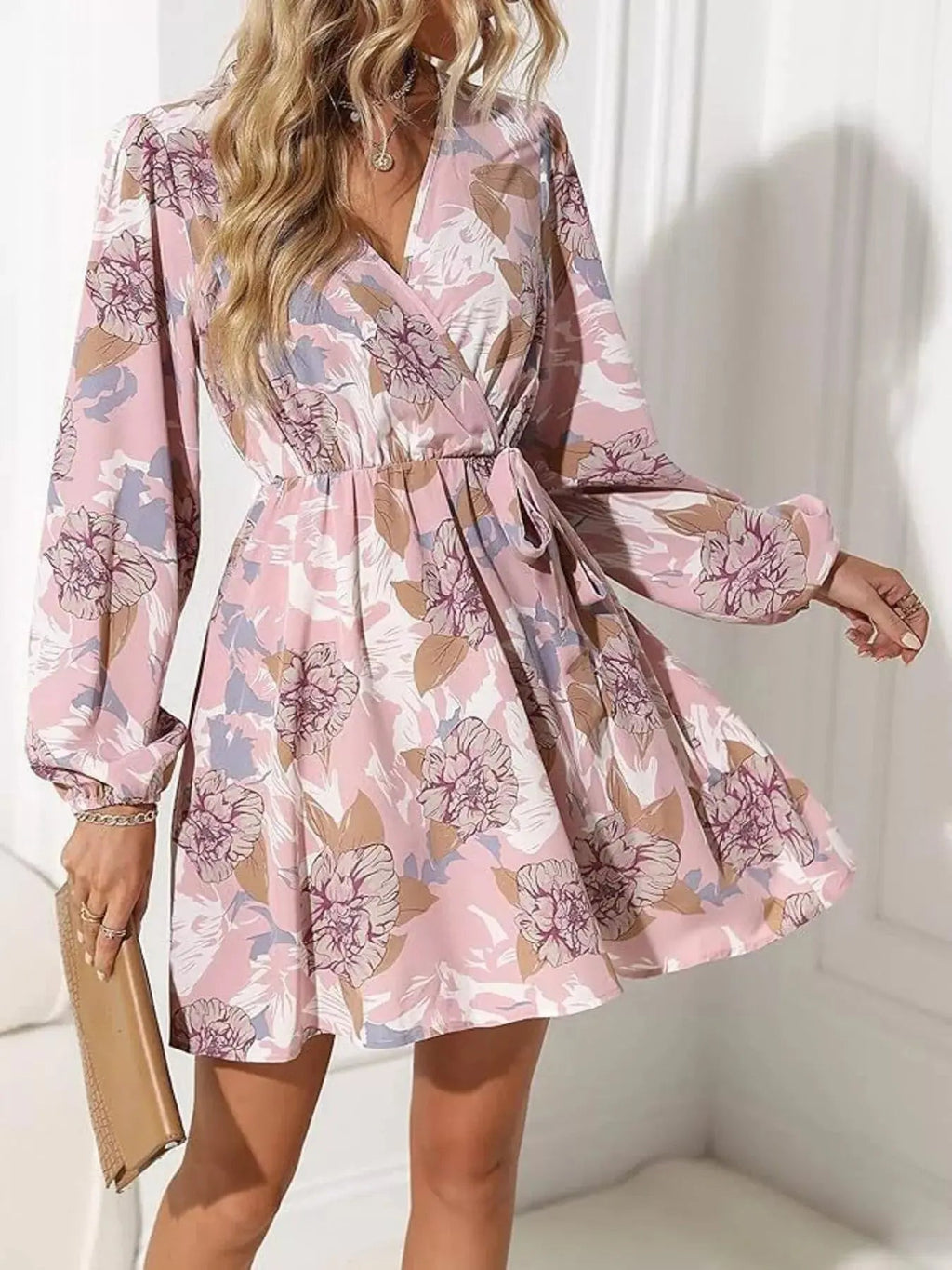 Floral Print Surplice Balloon Sleeve Dress - Charmdeals