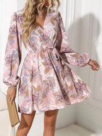 Floral Print Surplice Balloon Sleeve Dress - Charmdeals