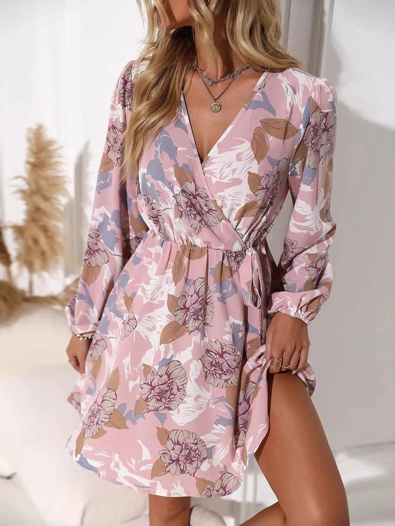 Floral Print Surplice Balloon Sleeve Dress - Charmdeals