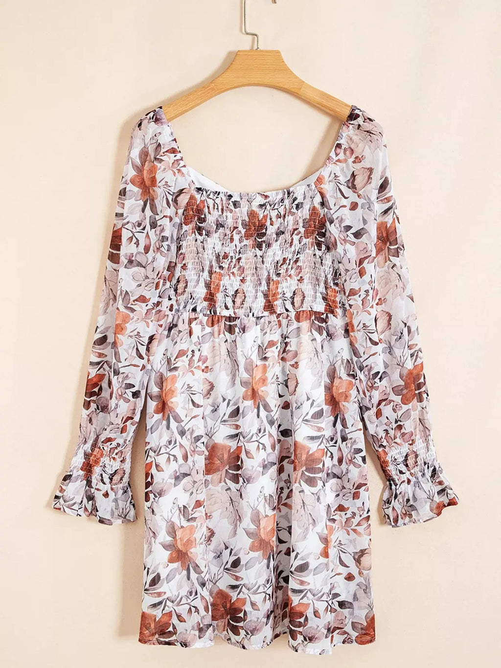 Floral Print Sweetheart Neck Long Sleeve High Waist Mini Dress - Charmdeals