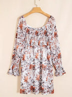 Floral Print Sweetheart Neck Long Sleeve High Waist Mini Dress - Charmdeals
