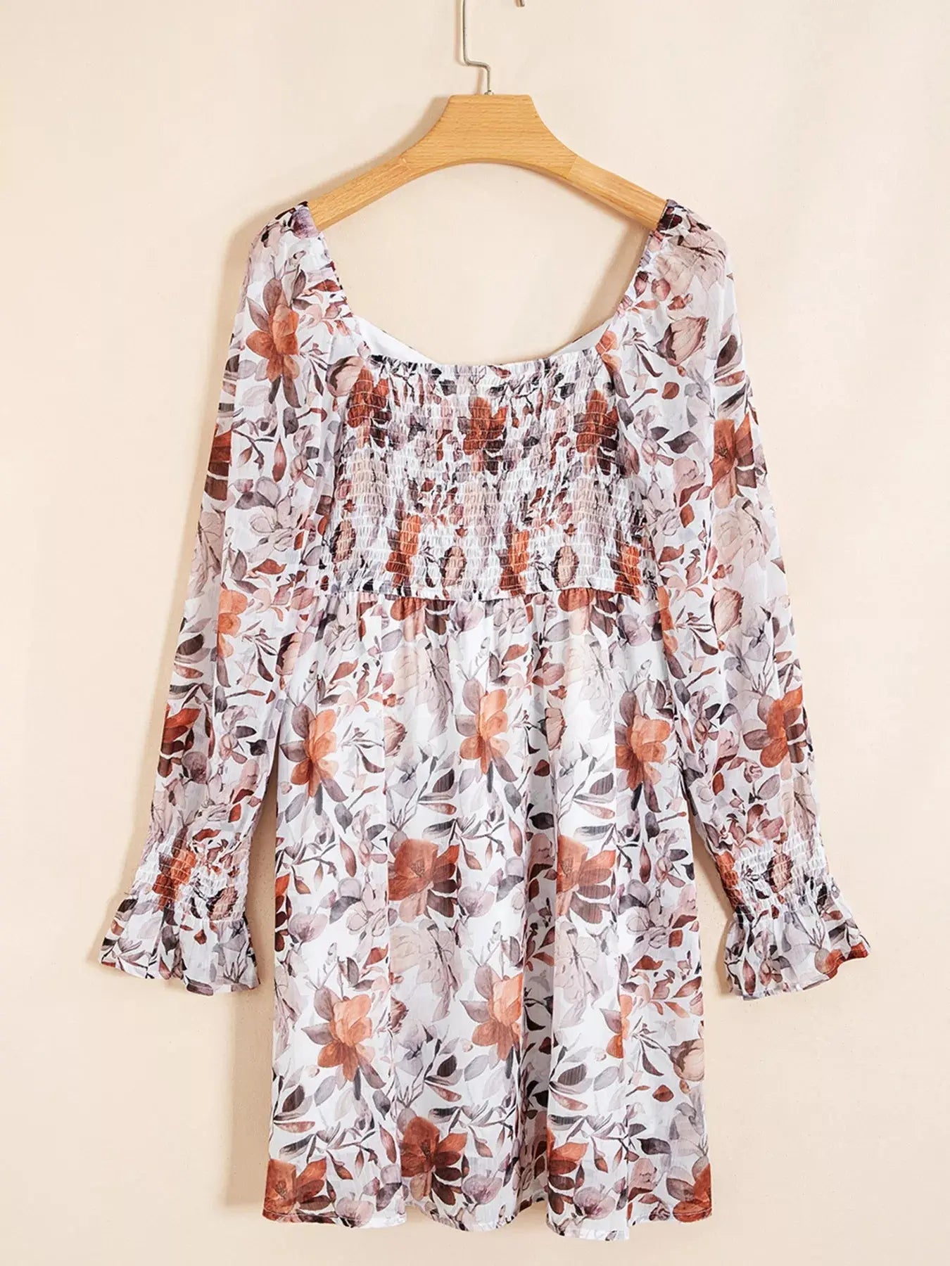 Floral Print Sweetheart Neck Long Sleeve High Waist Mini Dress - Charmdeals