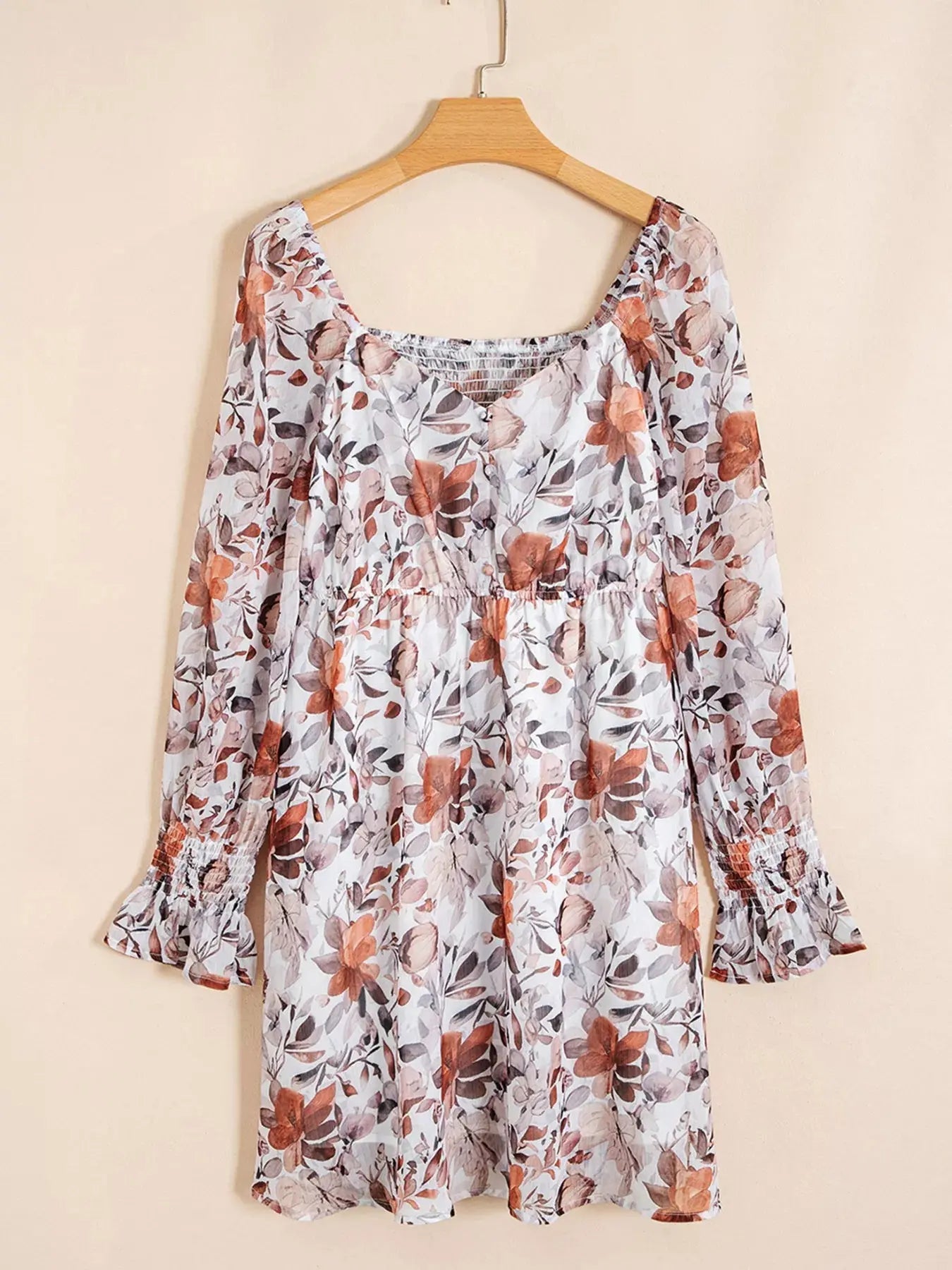 Floral Print Sweetheart Neck Long Sleeve High Waist Mini Dress - Charmdeals