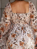 Floral Print Sweetheart Neck Long Sleeve High Waist Mini Dress - Charmdeals