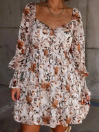 Floral Print Sweetheart Neck Long Sleeve High Waist Mini Dress - Charmdeals