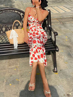 Floral Print Tie - Front Midi Dress - Charmdeals
