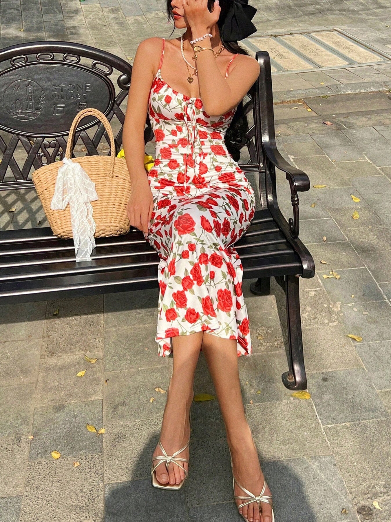 Floral Print Tie - Front Midi Dress - Charmdeals