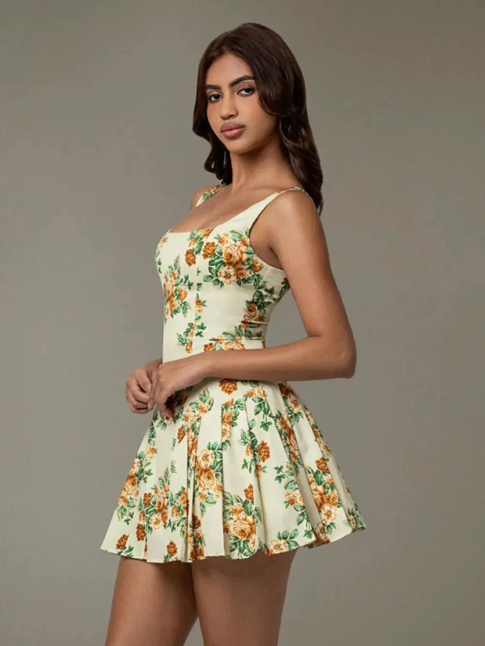 Floral Sleeveless Mini Pleated Dress - Charmdeals