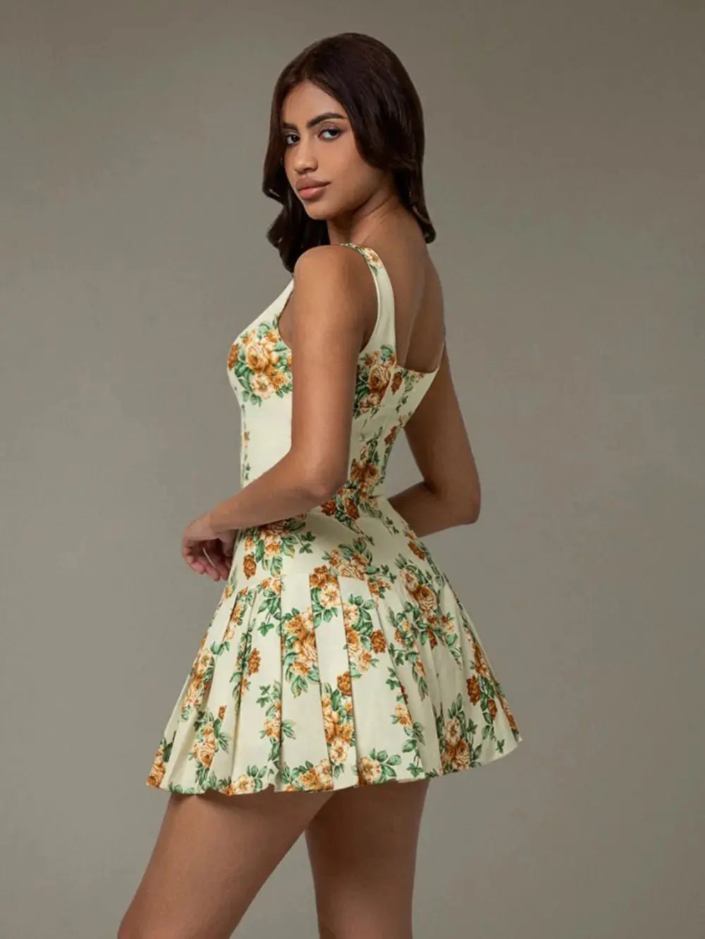 Floral Sleeveless Mini Pleated Dress - Charmdeals
