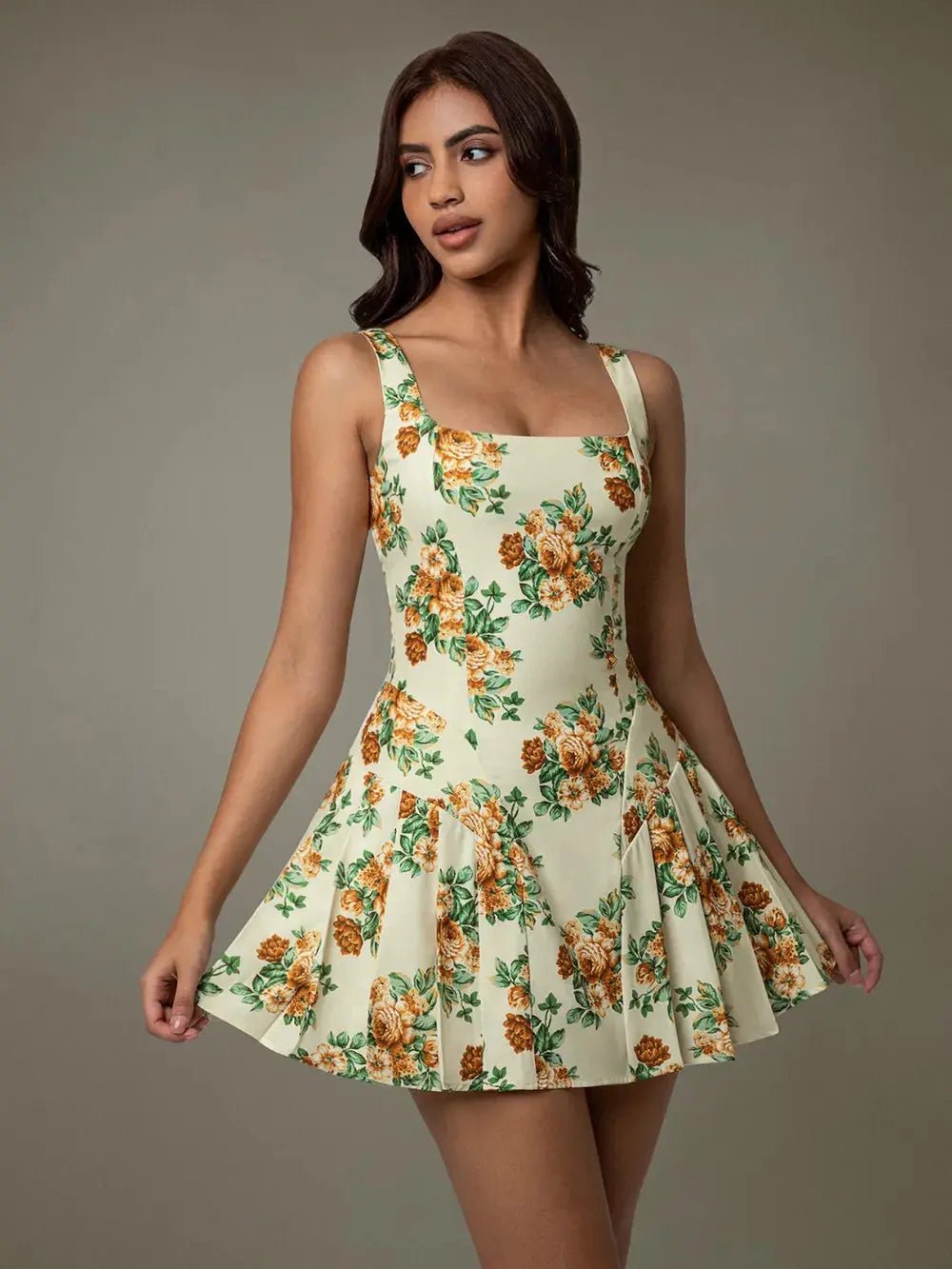 Floral Sleeveless Mini Pleated Dress - Charmdeals