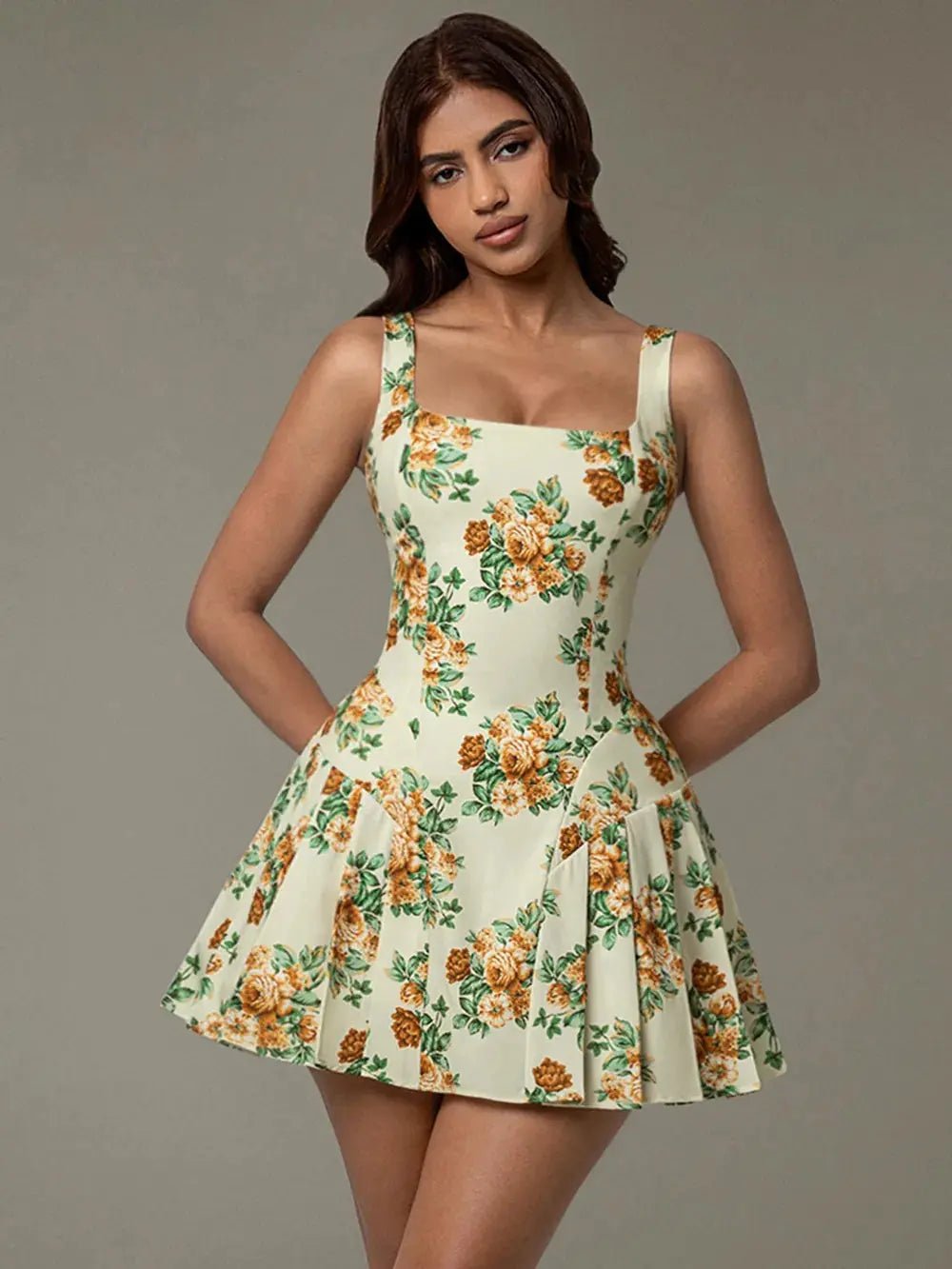 Floral Sleeveless Mini Pleated Dress - Charmdeals