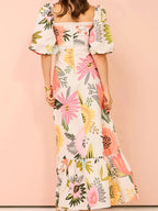 Floral Square Neck Puff Sleeve Maxi Dress with Ruffle Hem - Charmdeals