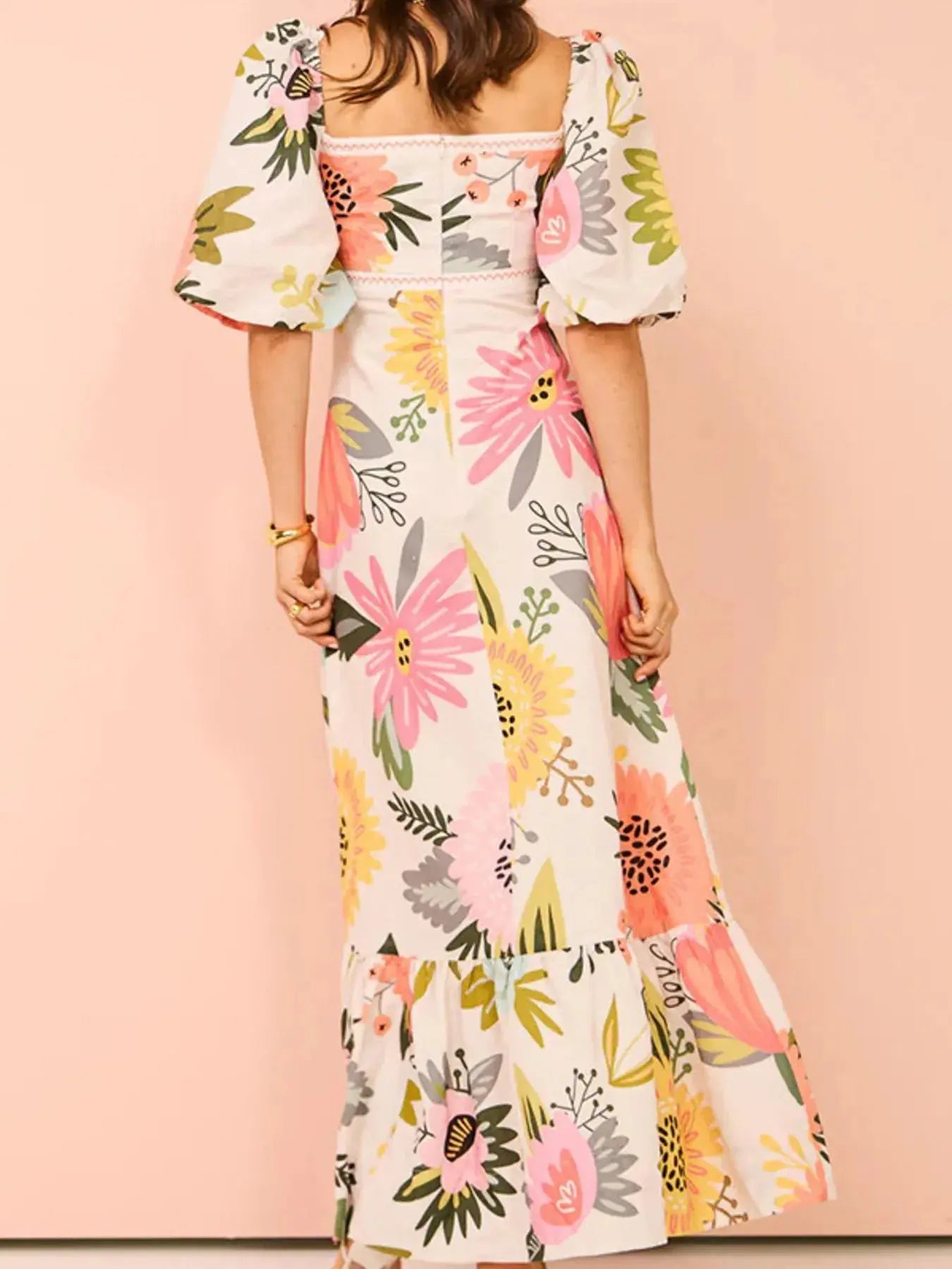 Floral Square Neck Puff Sleeve Maxi Dress with Ruffle Hem - Charmdeals