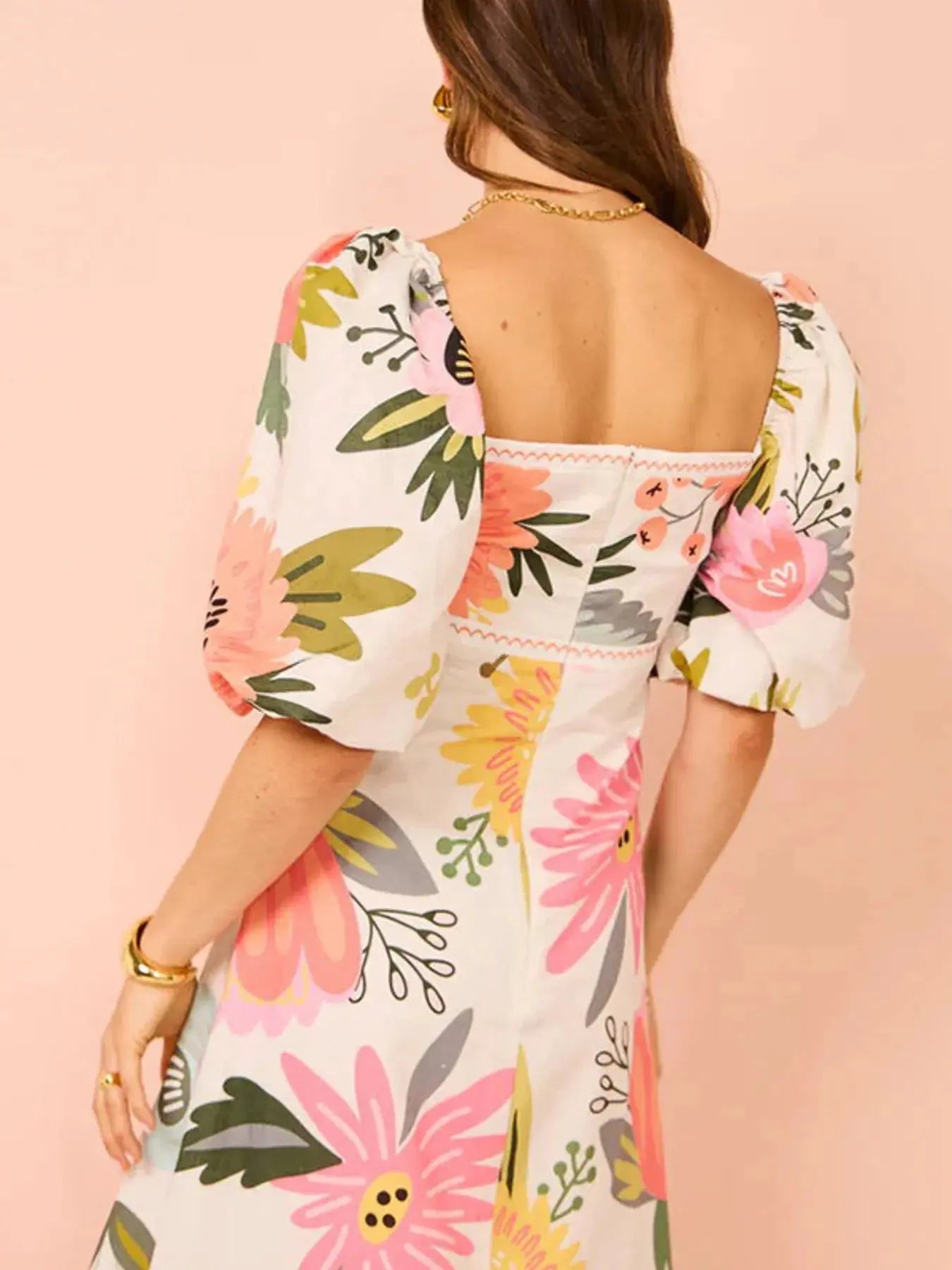 Floral Square Neck Puff Sleeve Maxi Dress with Ruffle Hem - Charmdeals
