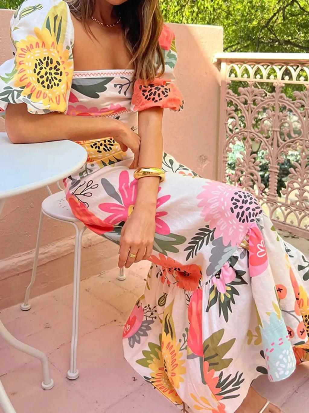 Floral Square Neck Puff Sleeve Maxi Dress with Ruffle Hem - Charmdeals