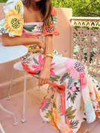Floral Square Neck Puff Sleeve Maxi Dress with Ruffle Hem - Charmdeals