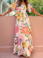 Floral Square Neck Puff Sleeve Maxi Dress with Ruffle Hem - Charmdeals