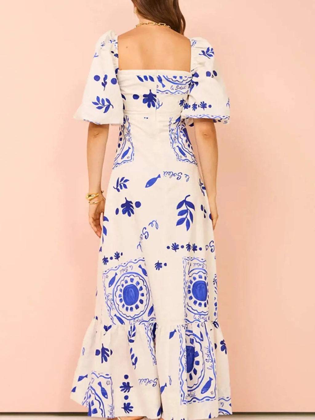 Floral Square Neck Puff Sleeve Maxi Dress with Ruffle Hem - Charmdeals