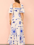 Floral Square Neck Puff Sleeve Maxi Dress with Ruffle Hem - Charmdeals